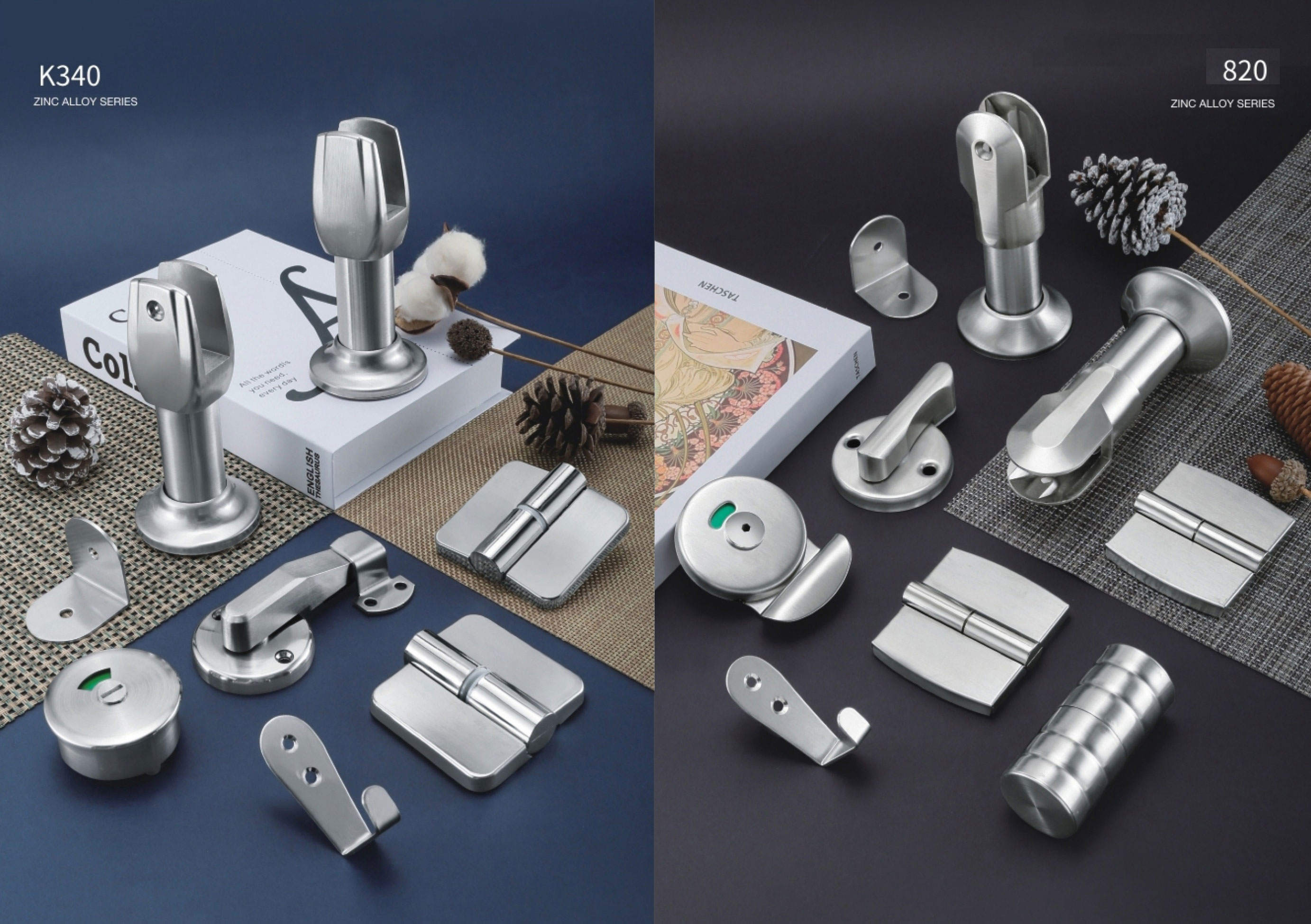 Stainless steel toilet partition hardware system including hinges, locks, support legs and connectors for commercial restroom cubicles